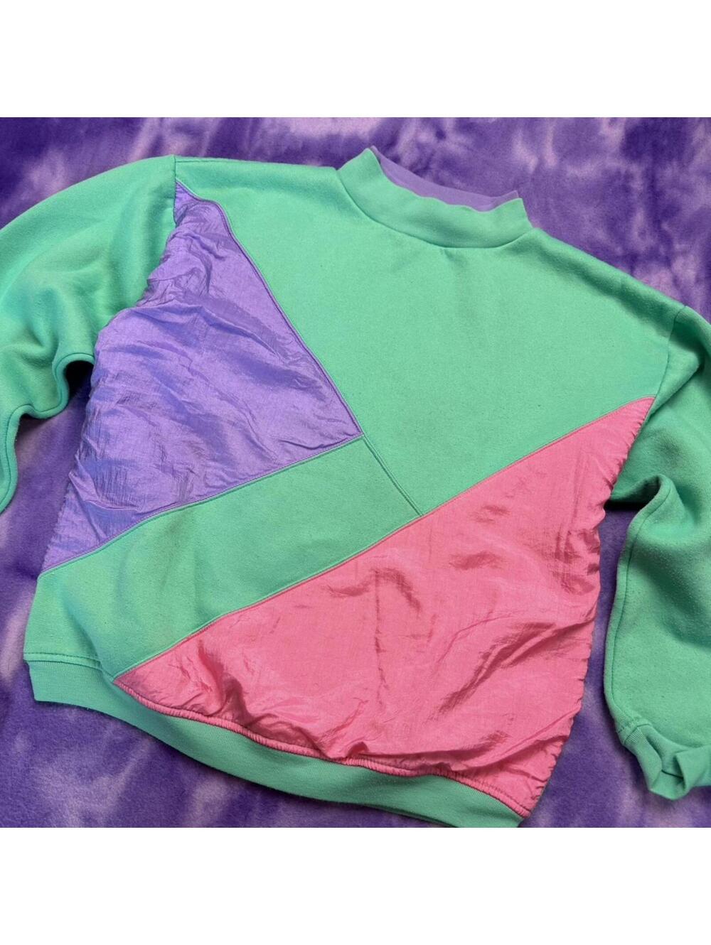 80s Retro vtg turquoise purple and pink color block sweatshirt